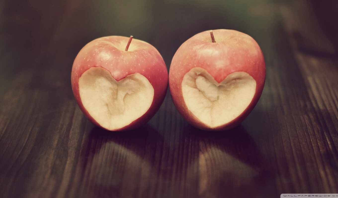 apple, love, heart, bite