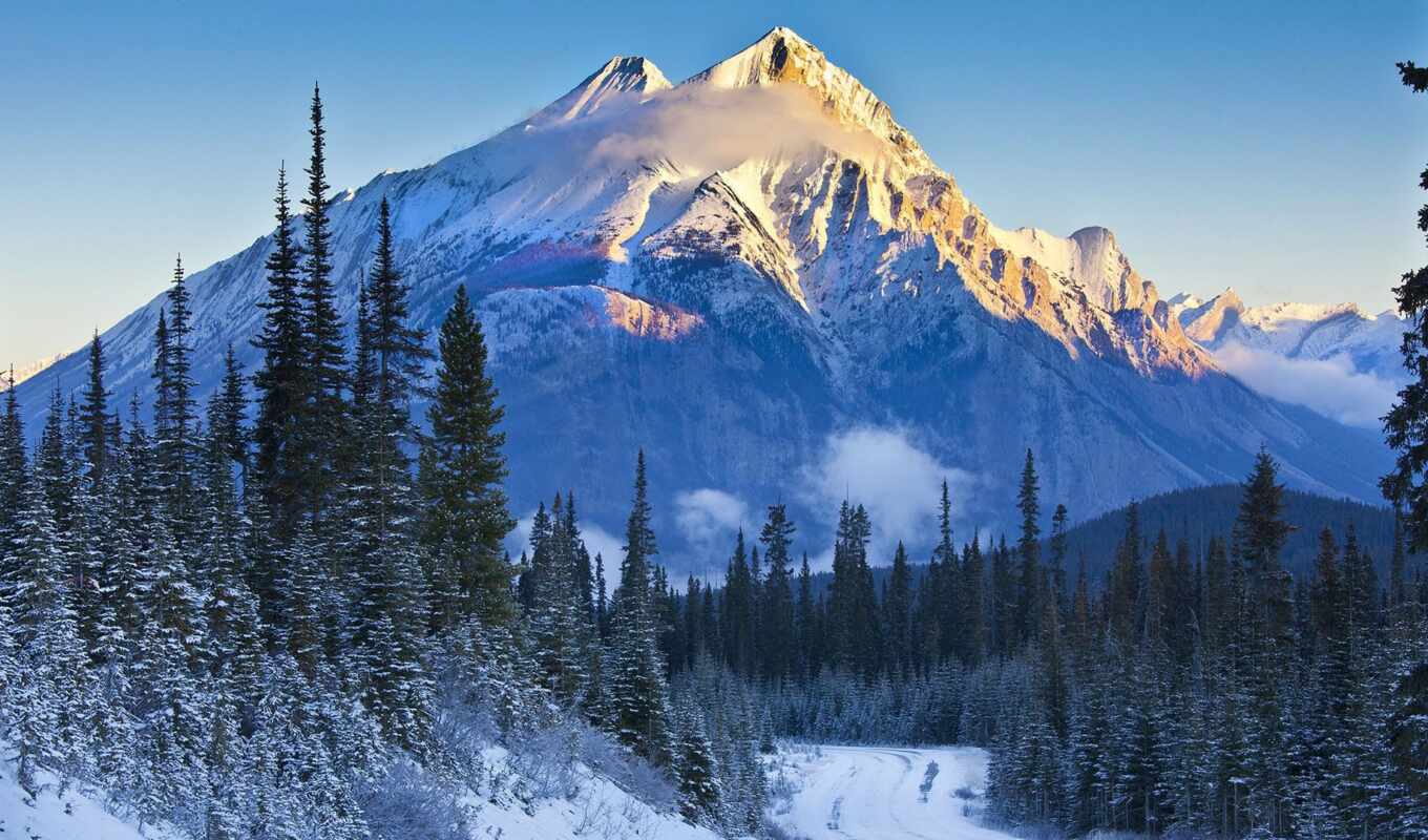 озеро, небо, дерево, закат, снег, гора, канада, park, national, дорогой, albert