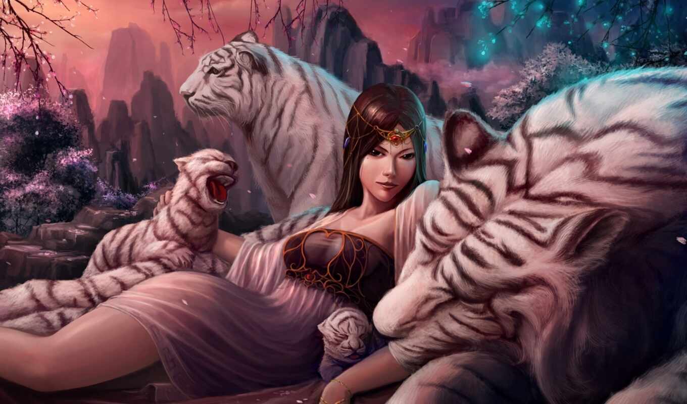 art, девушка, white, лучшая, тигр, тигры, fantasy, devushki, схемы