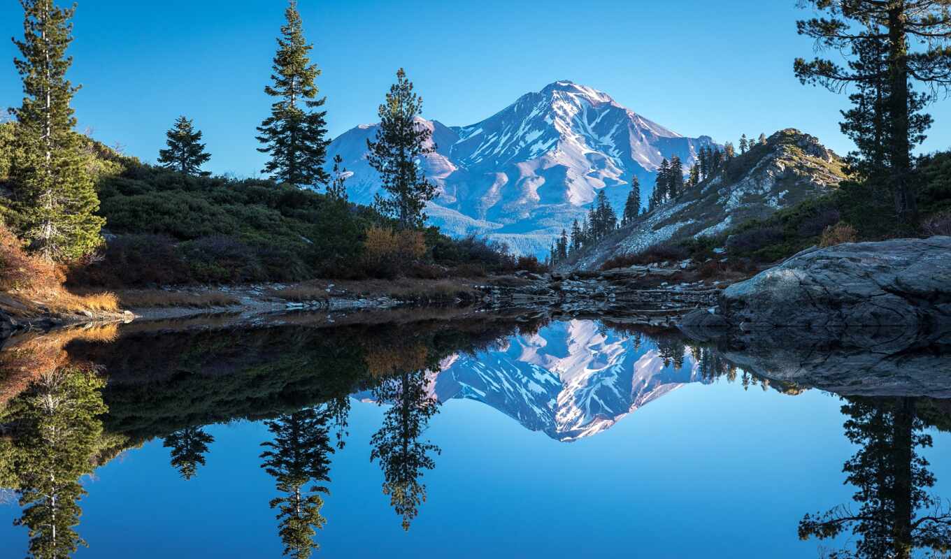 lake, art, mountain, california, heart, reflection, mount, shasta, California