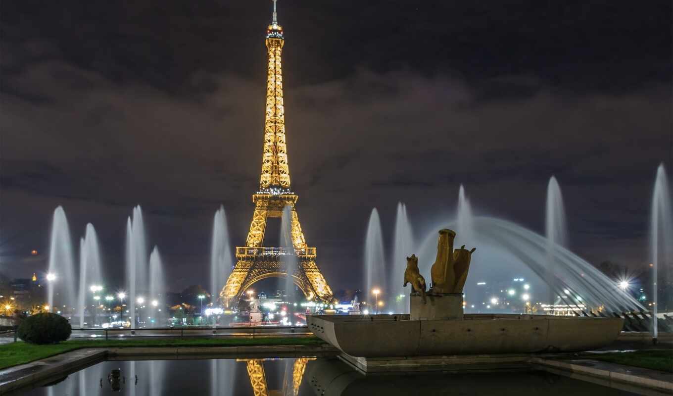 ночь, франция, париж, башня, fountain, eiffel