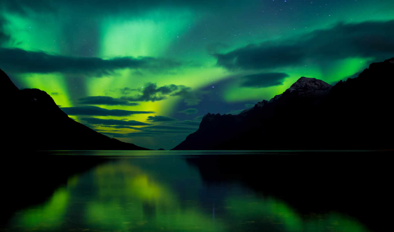 lake, light, night, mountain, lights, aurora, polar, northern, glow, abiska
