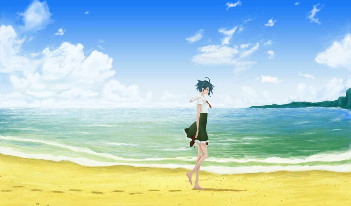 девушка, anime, пляж, seaside