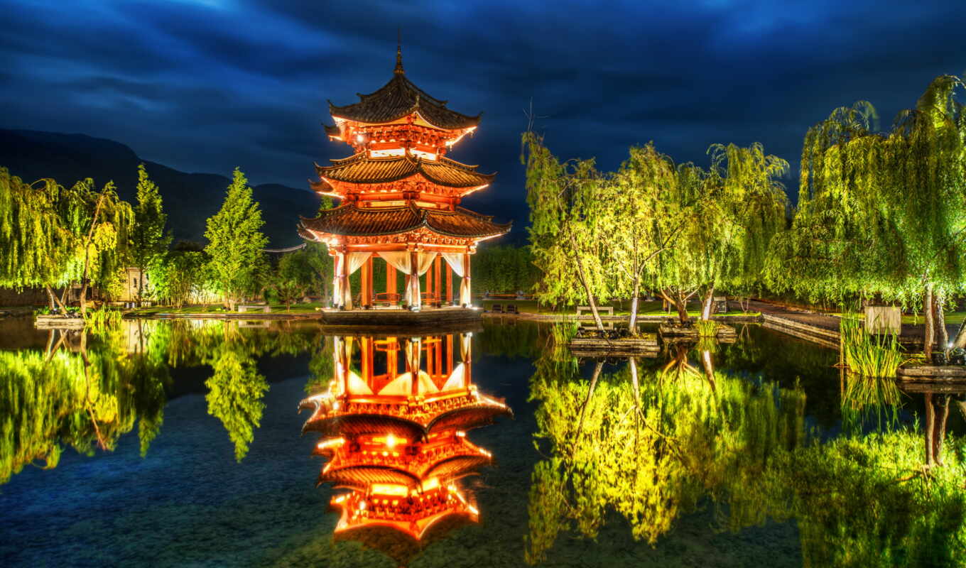 lake, nature, light, park, trees, china, chinese woman, pagoda, pavilion, lijiang