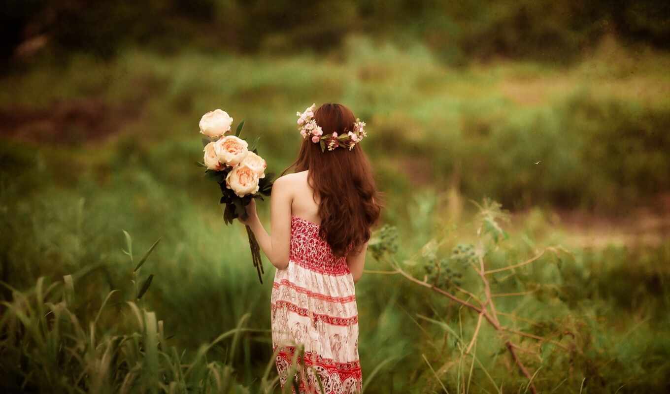 flowers, girl, field, mọng, song