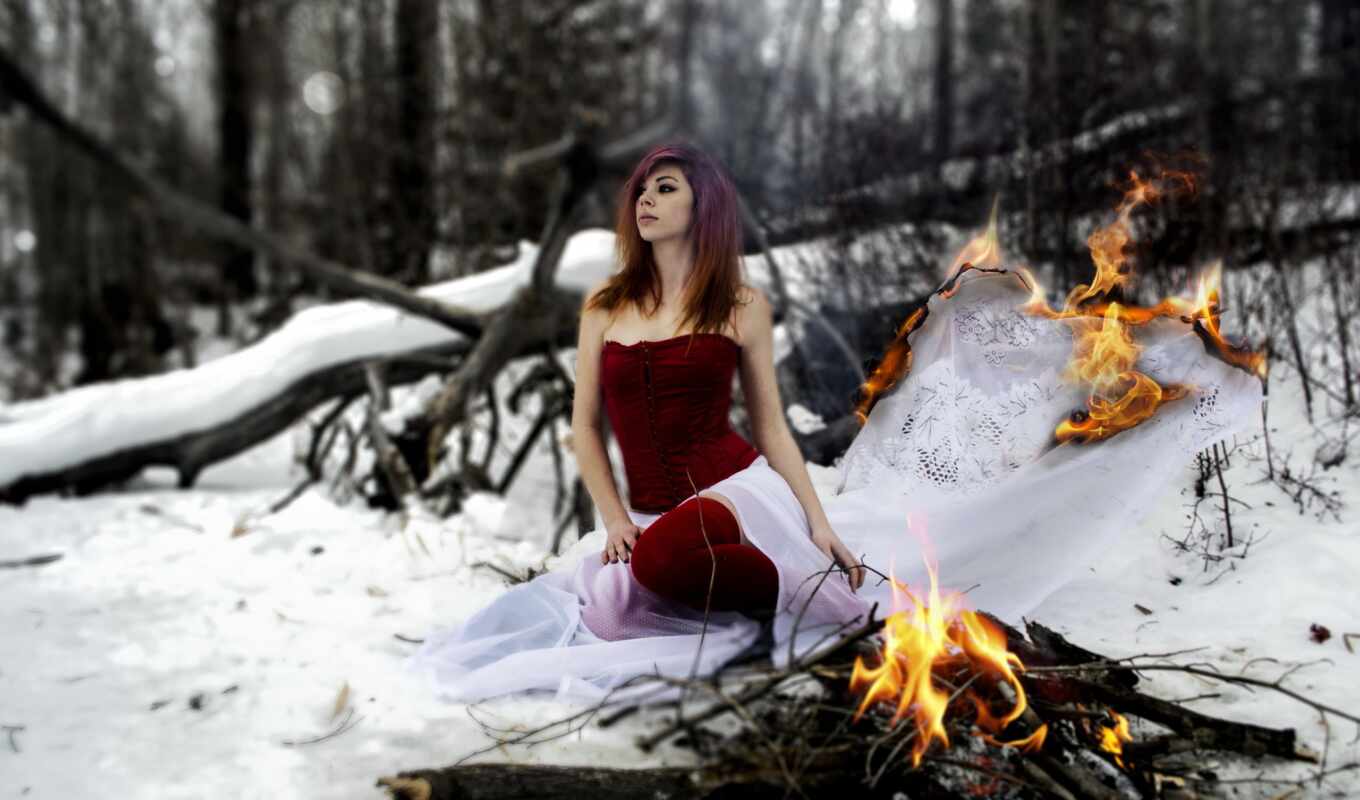 девушка, winter, лес, огонь