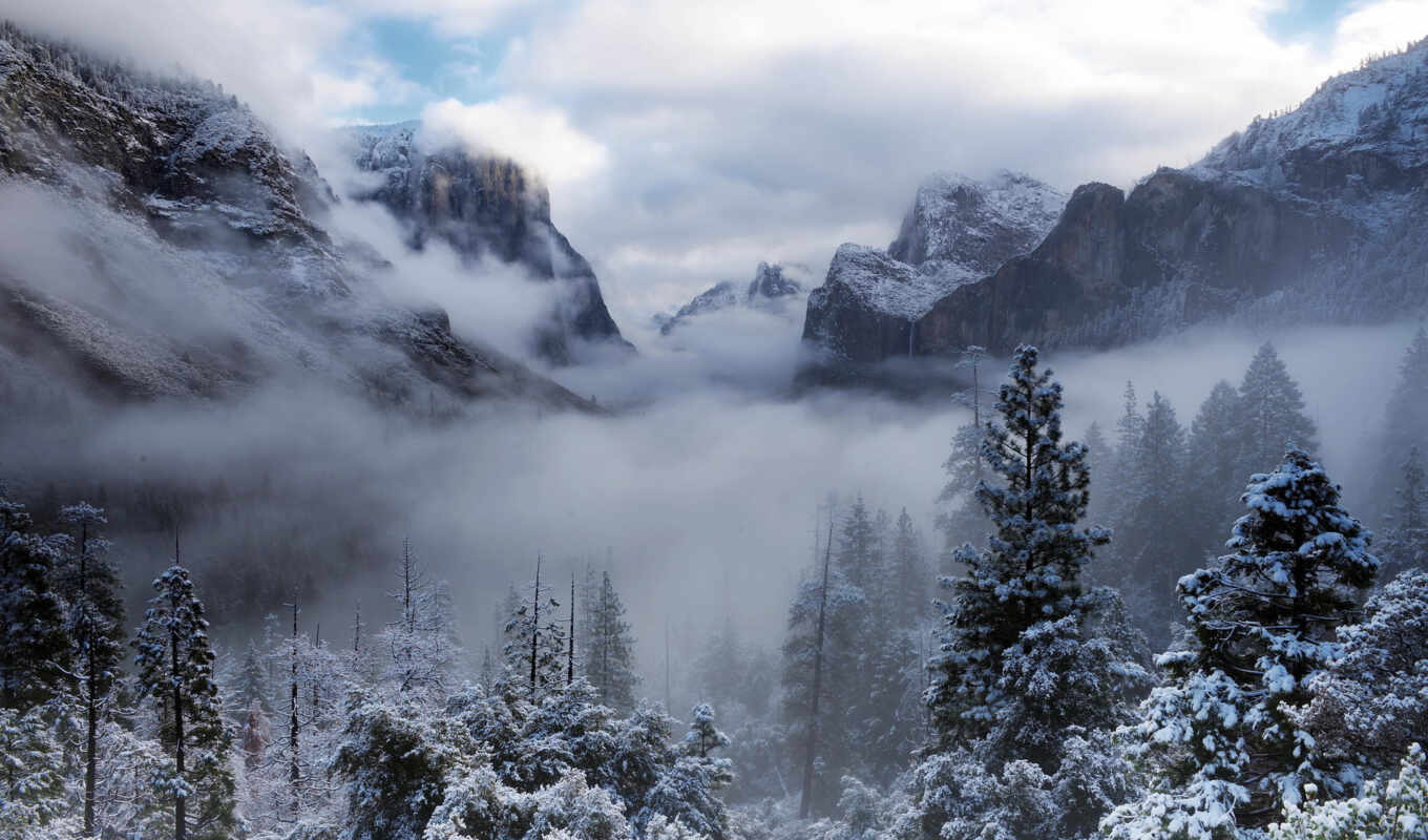 mountains, picture, snow, winter, forest, california, usa, park, national, yosemite