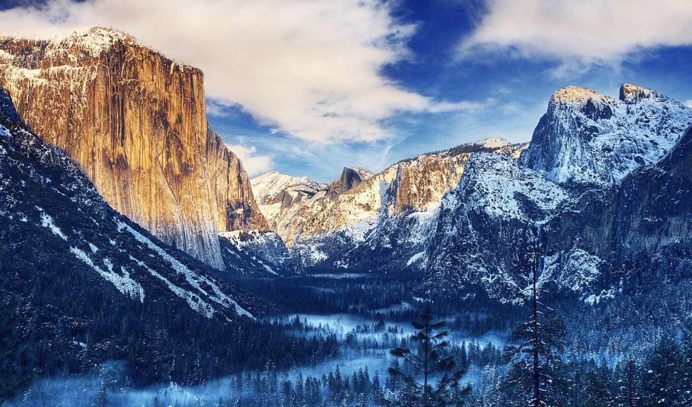 sky, view, winter, forest, park, national, tunnel, valley, yosemite, mountains