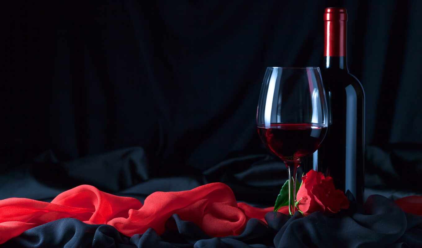 роза, glass, вино, red, вечер, красное, розовый, бутылка, вина, cloth, черна
