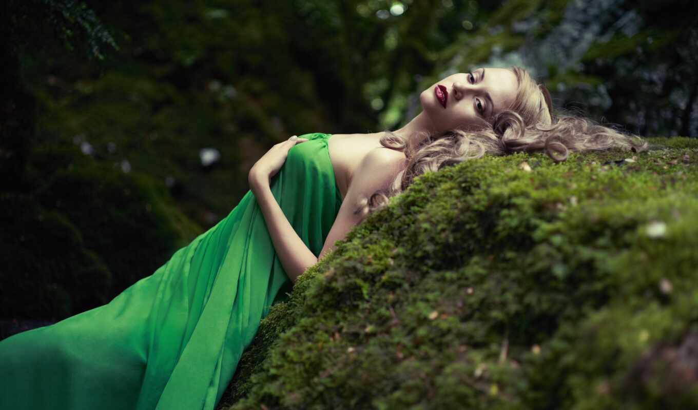 girl, stone, forest, dress, green, moss, makeup, devushki