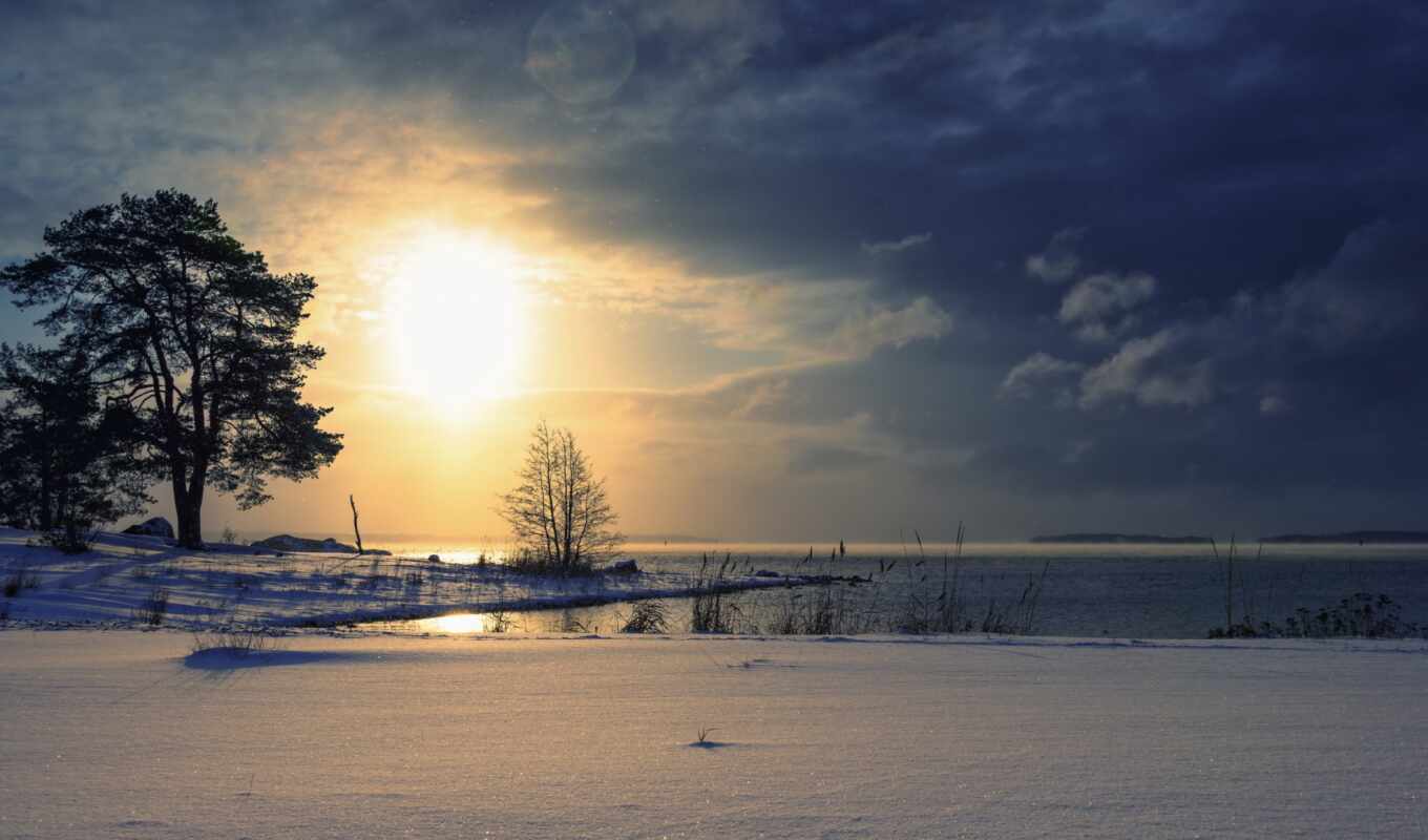 lake, nature, sky, tree, sunset, snow, landscape, cloud, sunrise, reflection