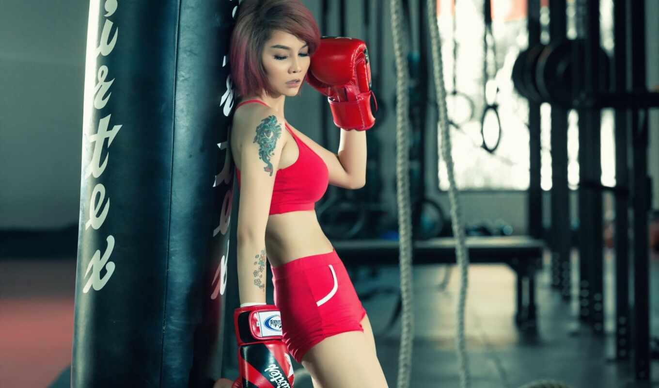 девушка, азиатка, спорт, workout, boxer, бокс