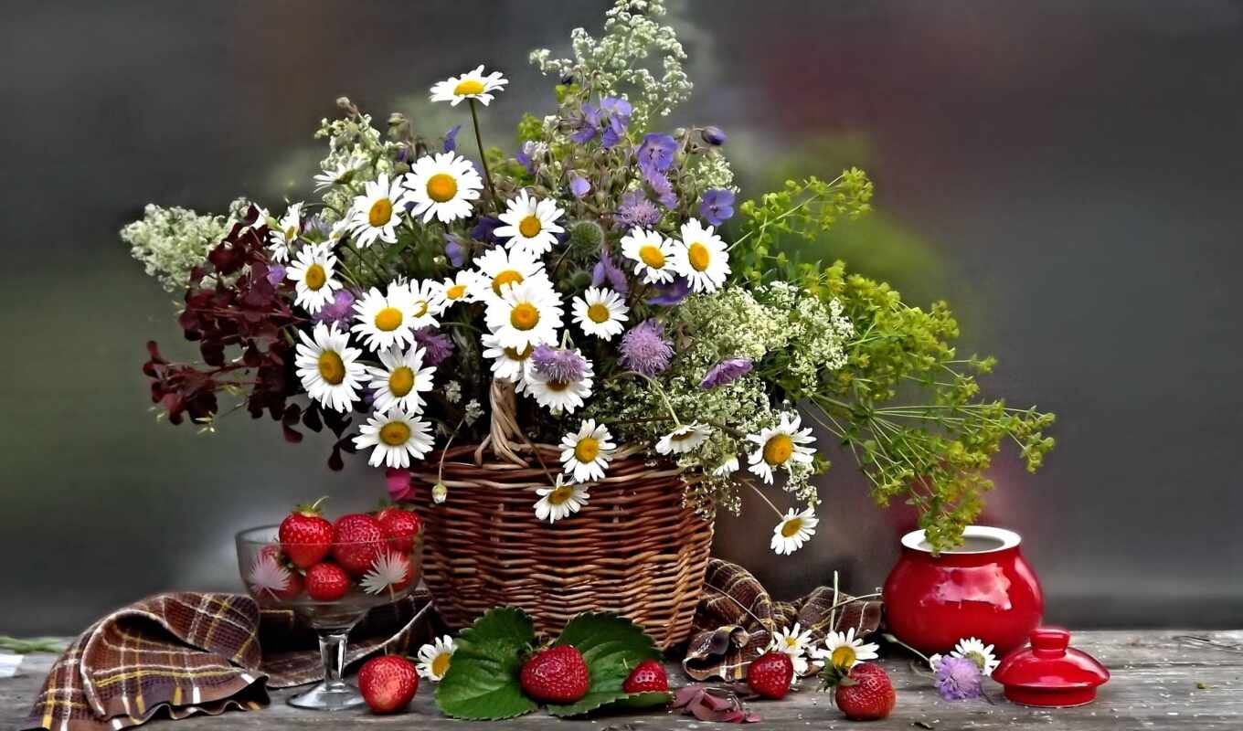 flowers, life, basket, bouquet, strawberry, postcard