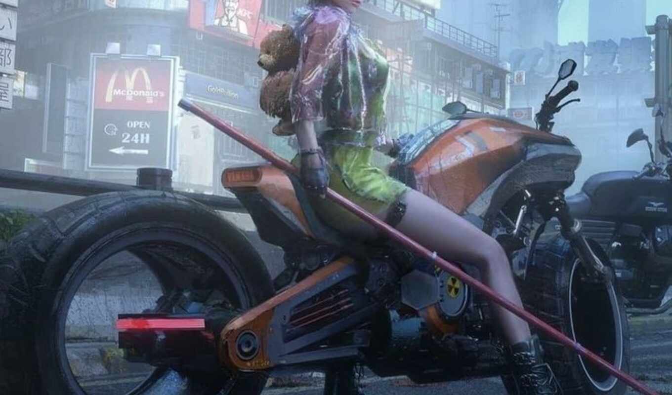 девушка, мотоцикл, den, байкер, cyberpunk, futuristic