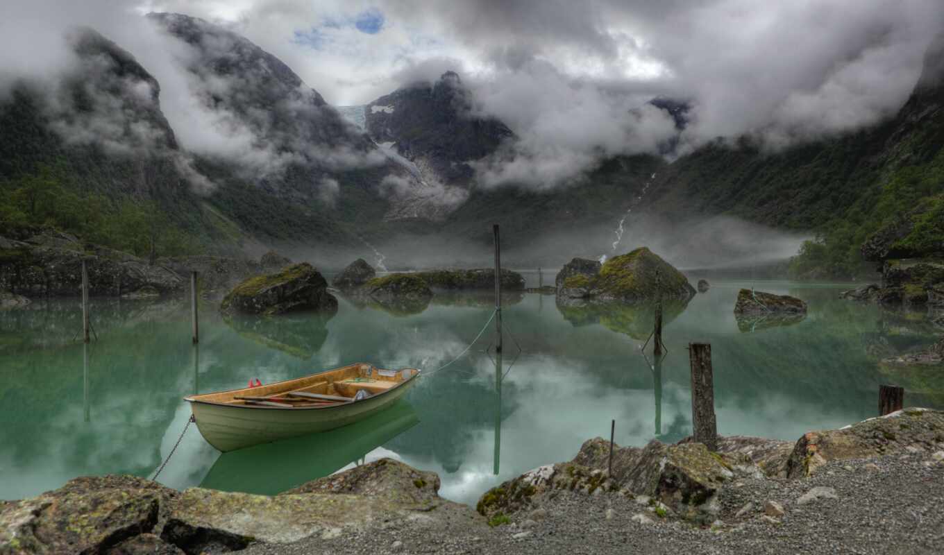 гора, туман, лодка, сказочный, norwegian