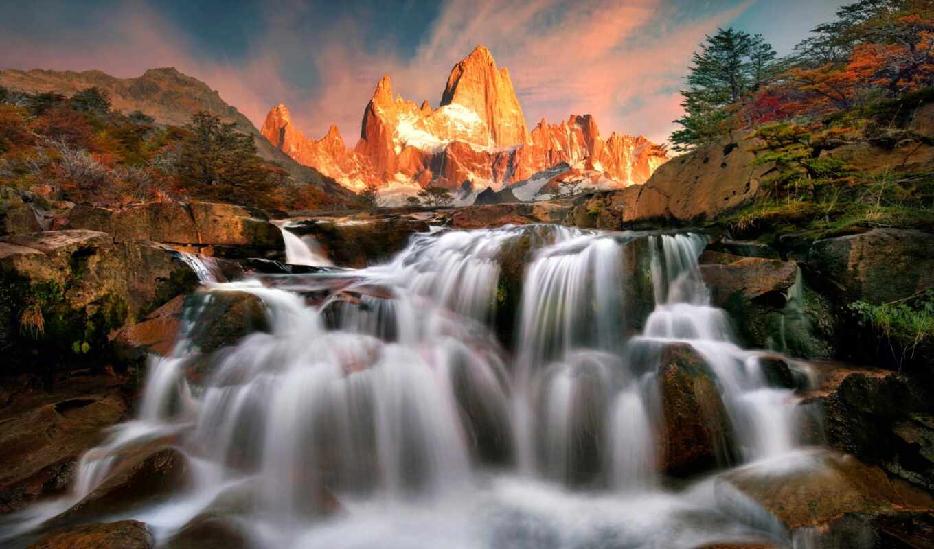 sunset, mountain, rock, landscape, Argentina, autumn, river, waterfall, patagonia, andes, fore