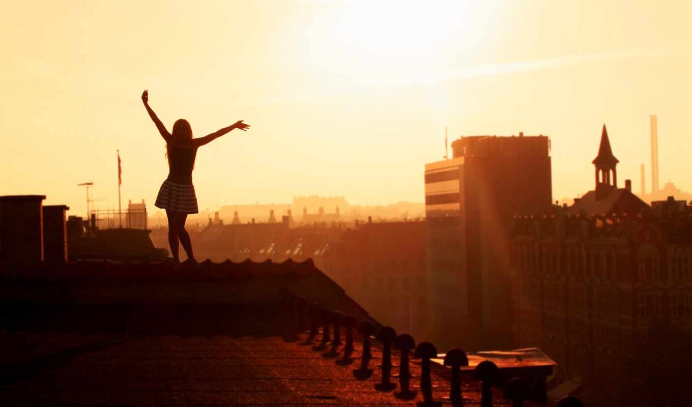 good, girl, house, city, genus, morning, beautiful, roof, stand