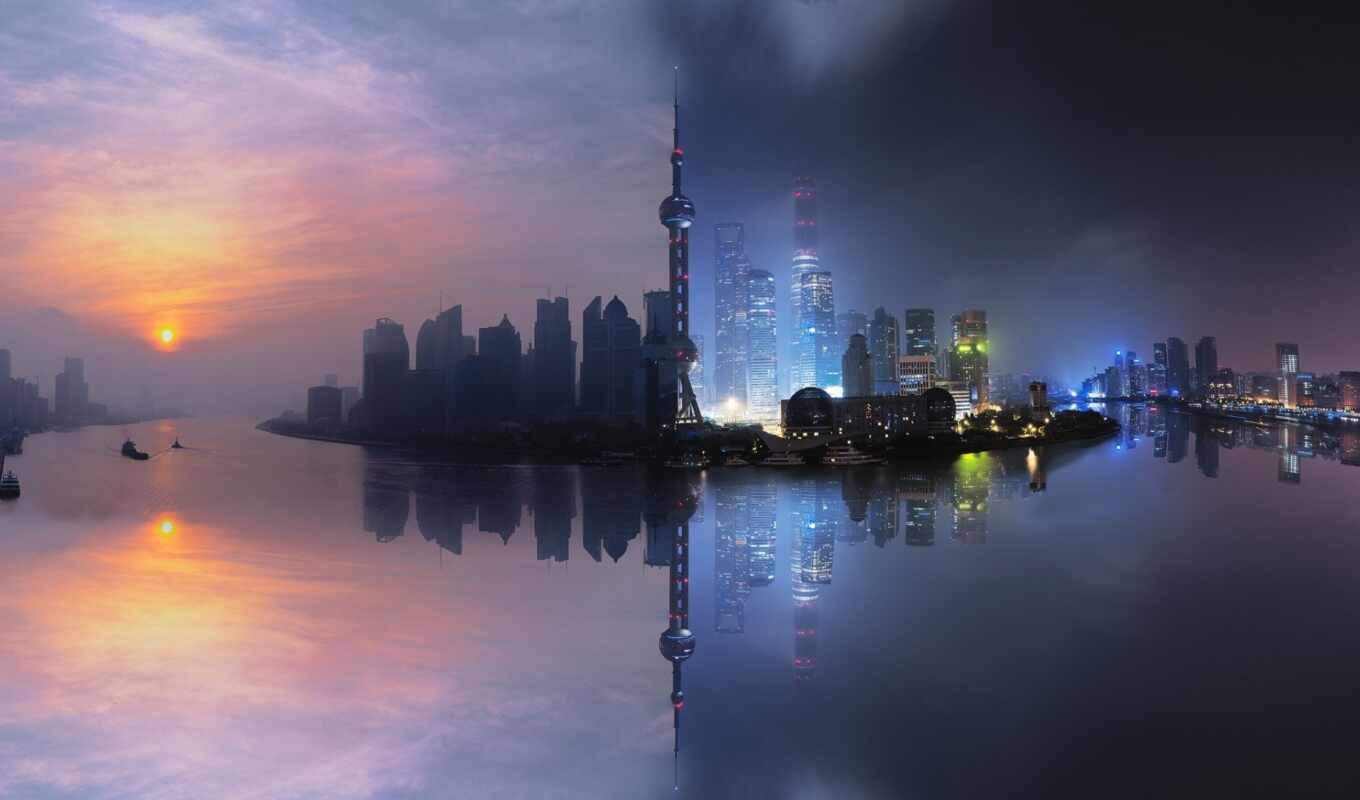 город, ночь, день, shanghai, china
