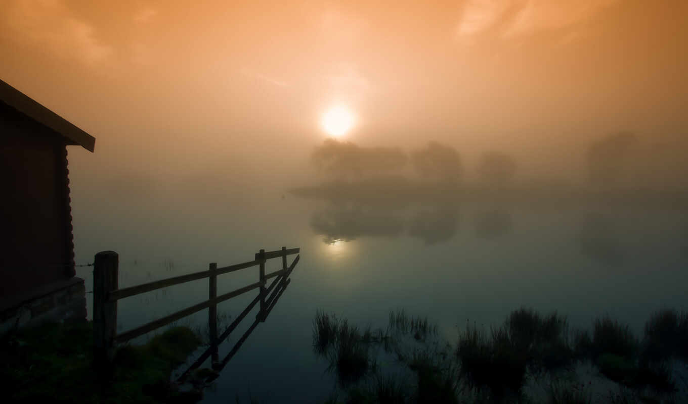 озеро, desktop, закат, сарай, picture, солнце, туман, sunrise, шотландия, morning, misty, foggy, ограда