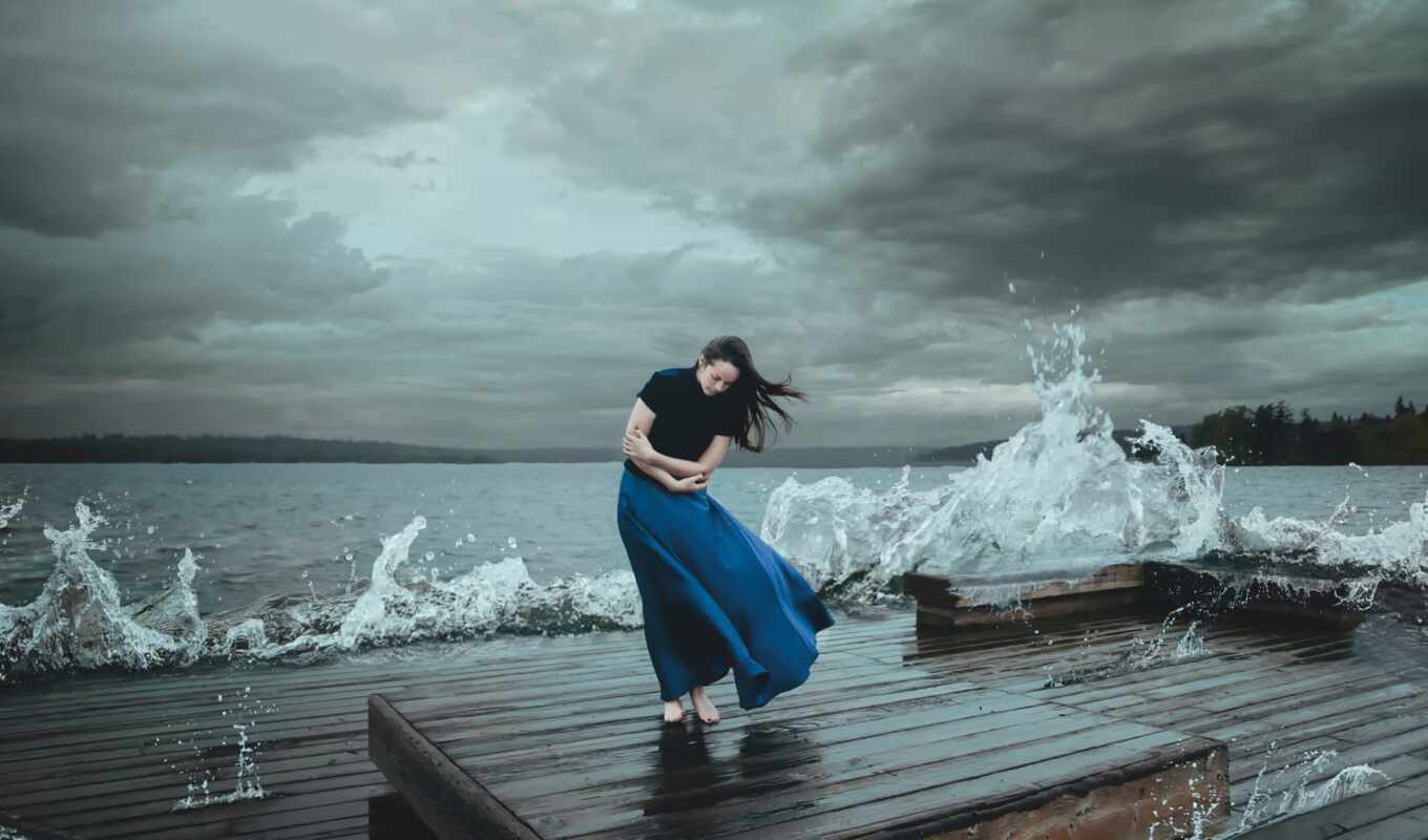 девушка, ветер, waves