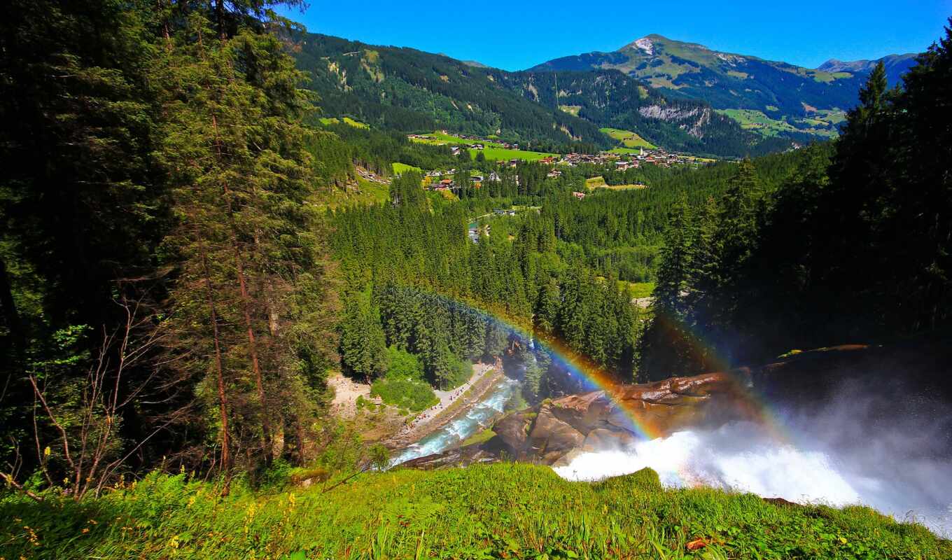 green, rainbow, mountain, air, Austria, earth, waterfall, valley, biosphere, terjun