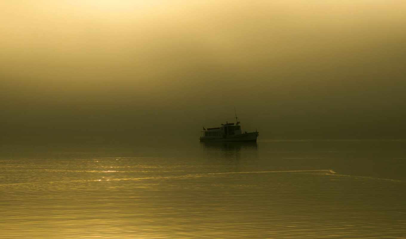 morning, fog, a boat