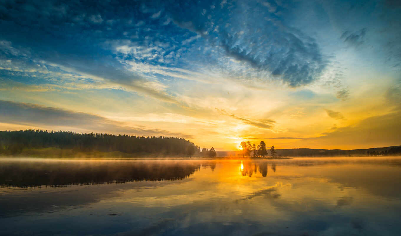 озеро, закат, park, восход, туман, national, yellowstone