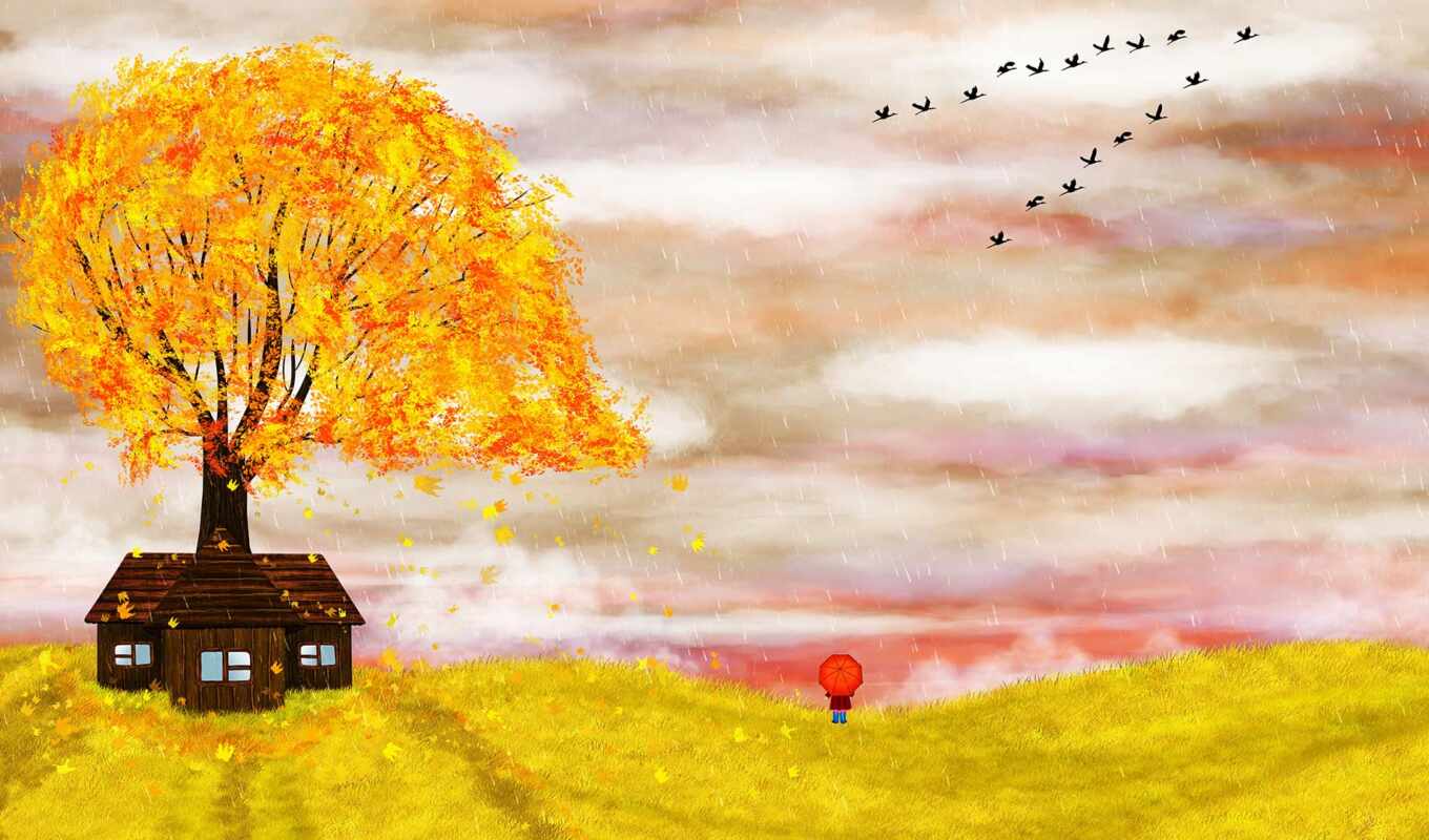 фото, девушка, дерево, осень, рисованный, illustration