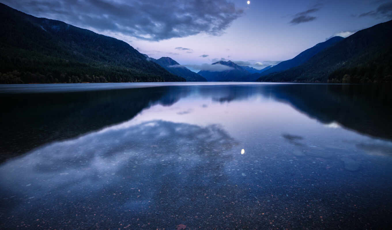 lake, sky, night, moon, water, forest, reflection, mountains