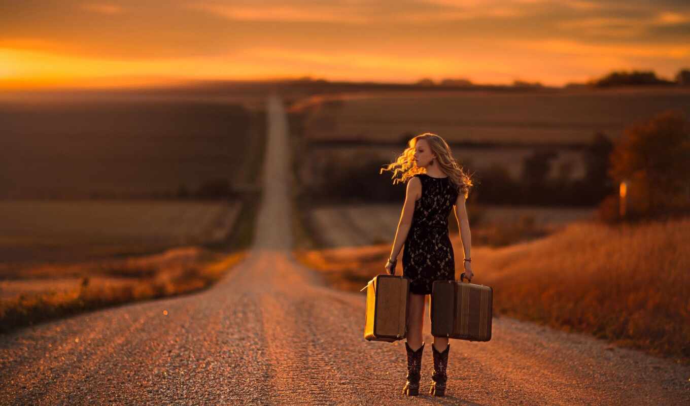 girl, love, suitcase, road, dress, blonde, two, to leave, black, escape