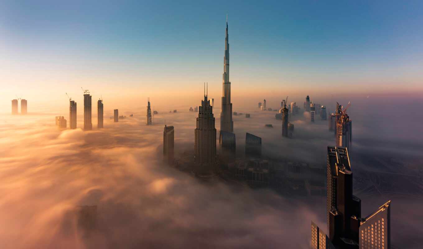 дым, мост, современный, облако, атмосфера, утро, восход, туман, dubai, небоскрёба