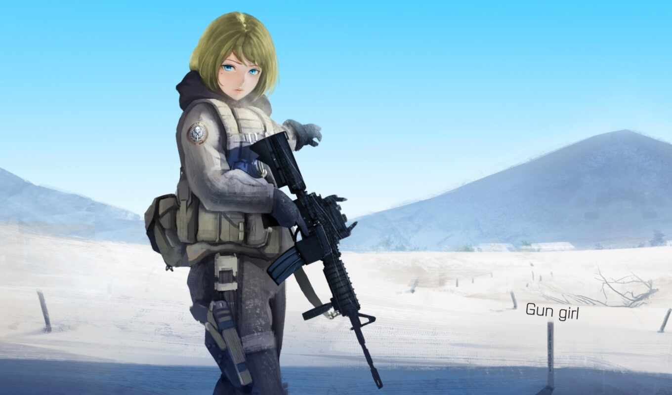art, girl, picture, anime, weapon, desert, soldier, trousers, mountains