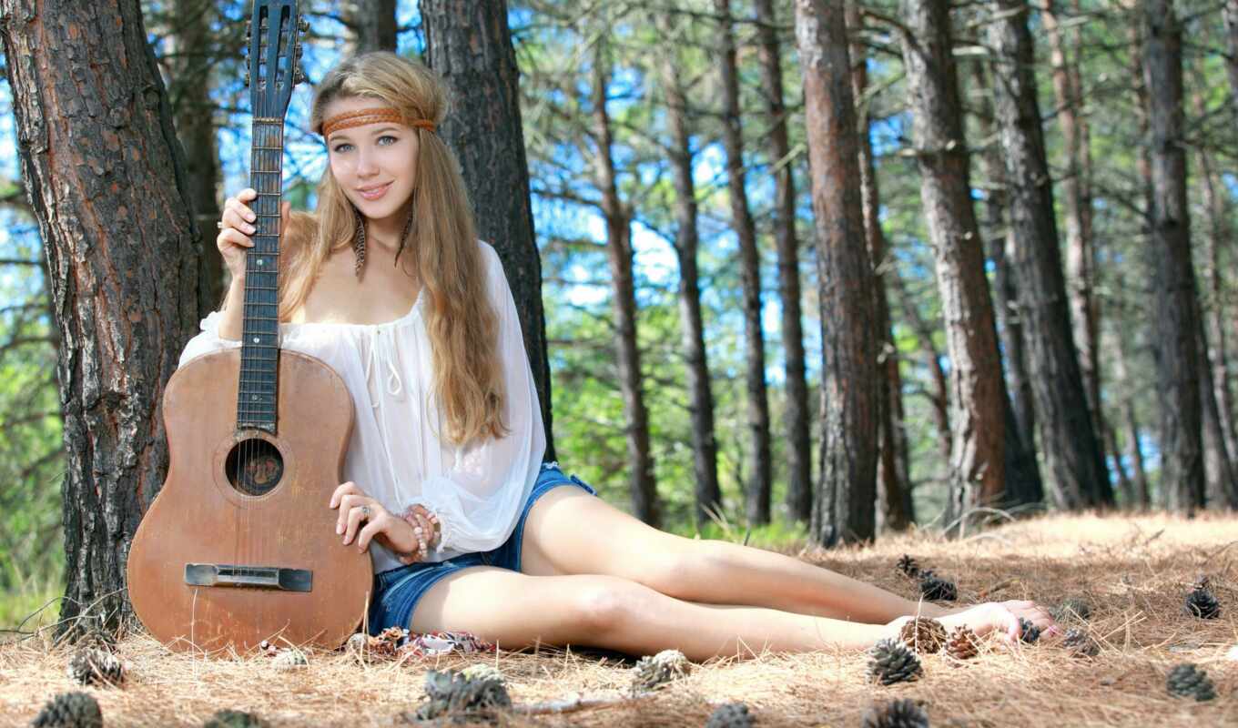 girl, guitar, forest