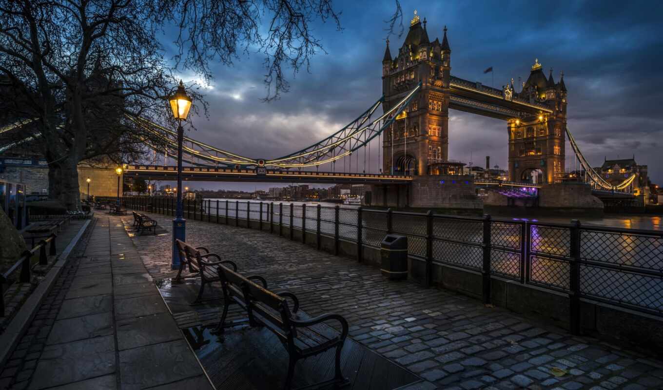 city, night, street, Bridge, lights, England, tower, london, river, even, thames