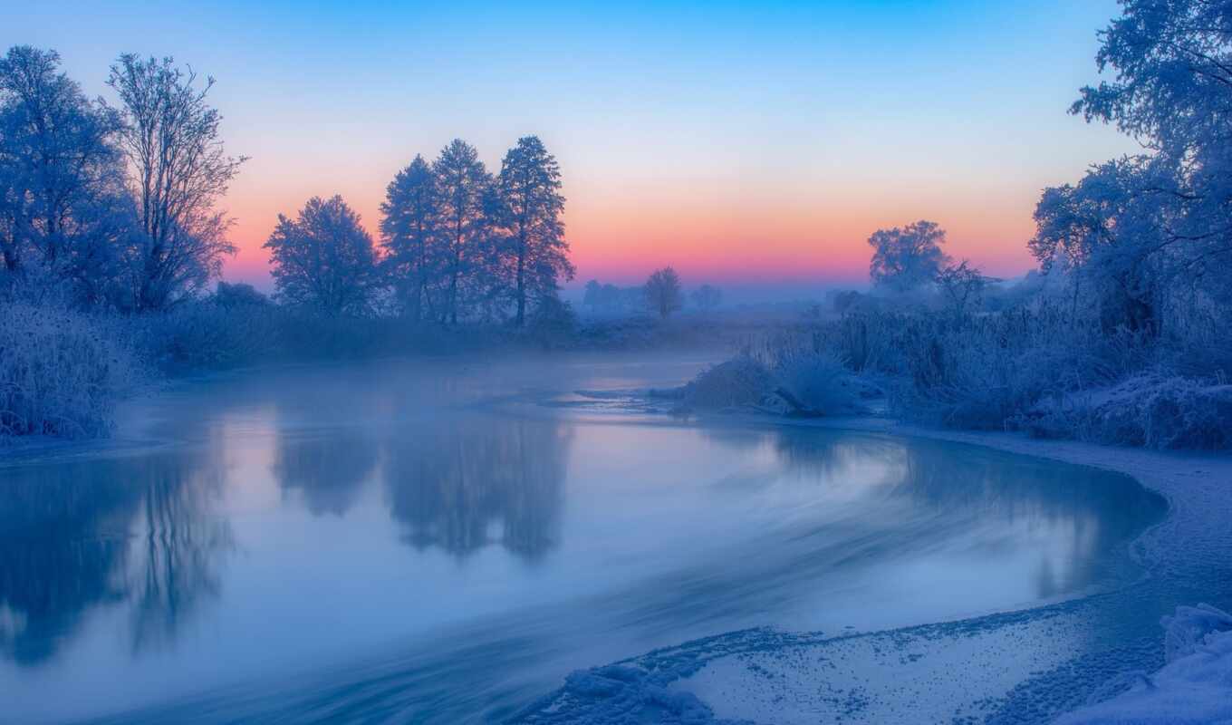 tree, sunset, snow, winter, river, poland