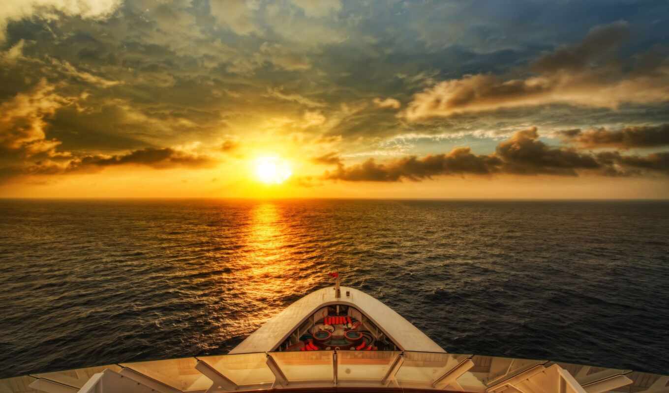nature, sky, sun, sunset, ship, water, sea, a boat, waves