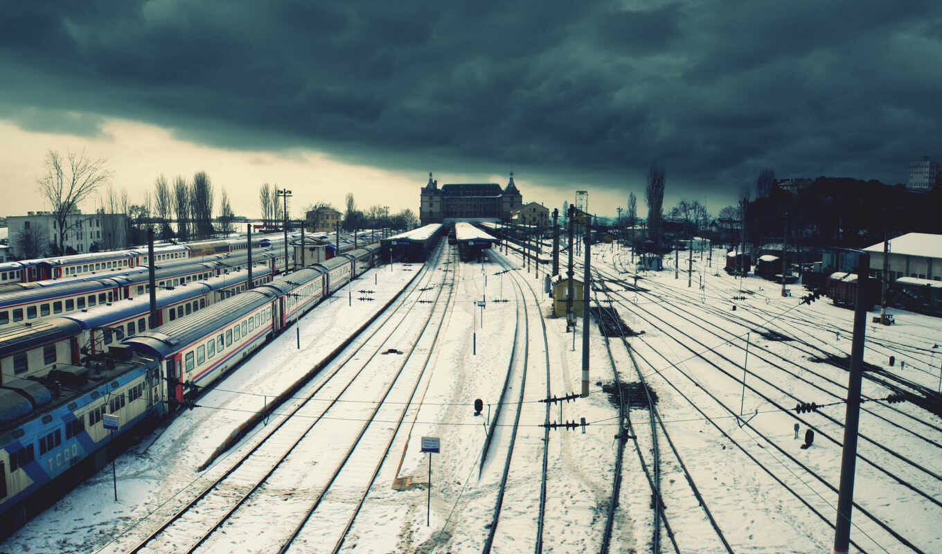 wires, city, station, winter, road, iron, loneliness, clouds, trains