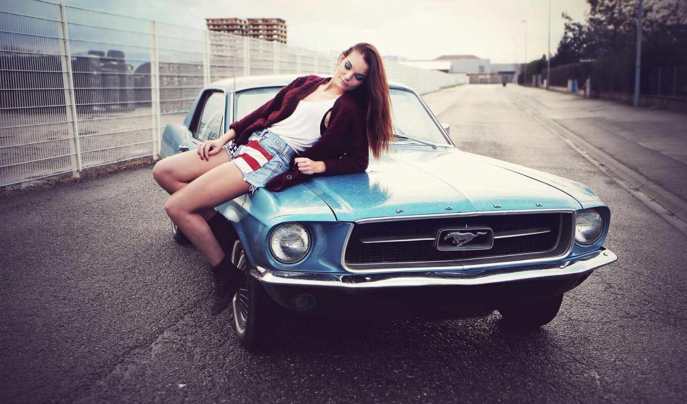 girl, woman, car, ford, mustang, muscle