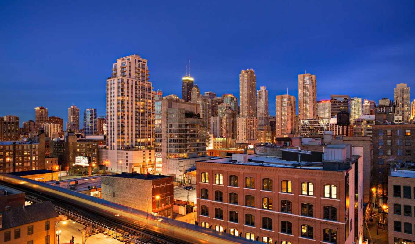город, ночь, cityscape, skyline, площадь, отражение, build, небоскрёб, chicago