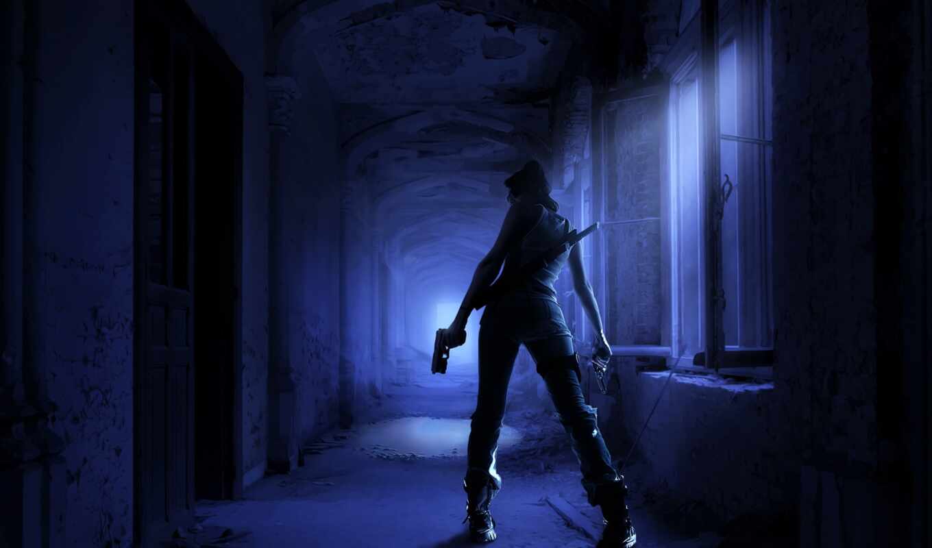 girl, night, gun, weapon, sword, killer, hallway, dark