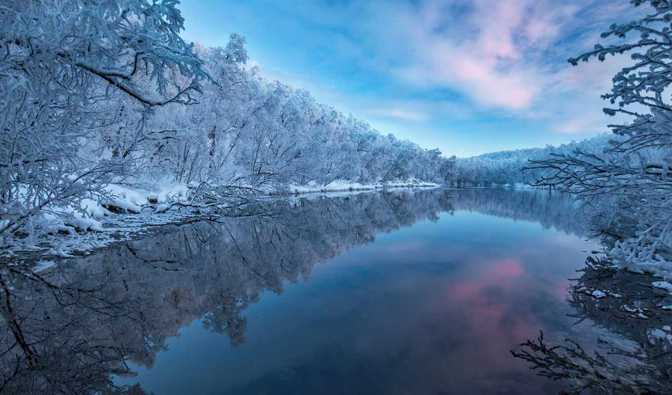 природа, снег, winter, река, отражение
