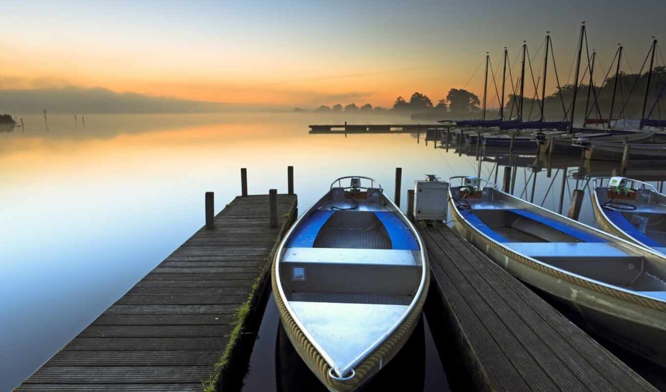 озеро, desktop, рассвет, лес, туман, лодка, boats