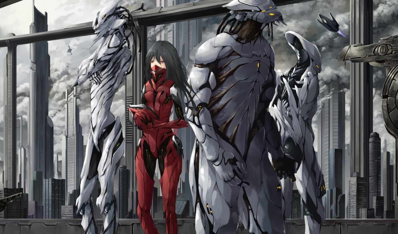 robot, девушка, red, anime