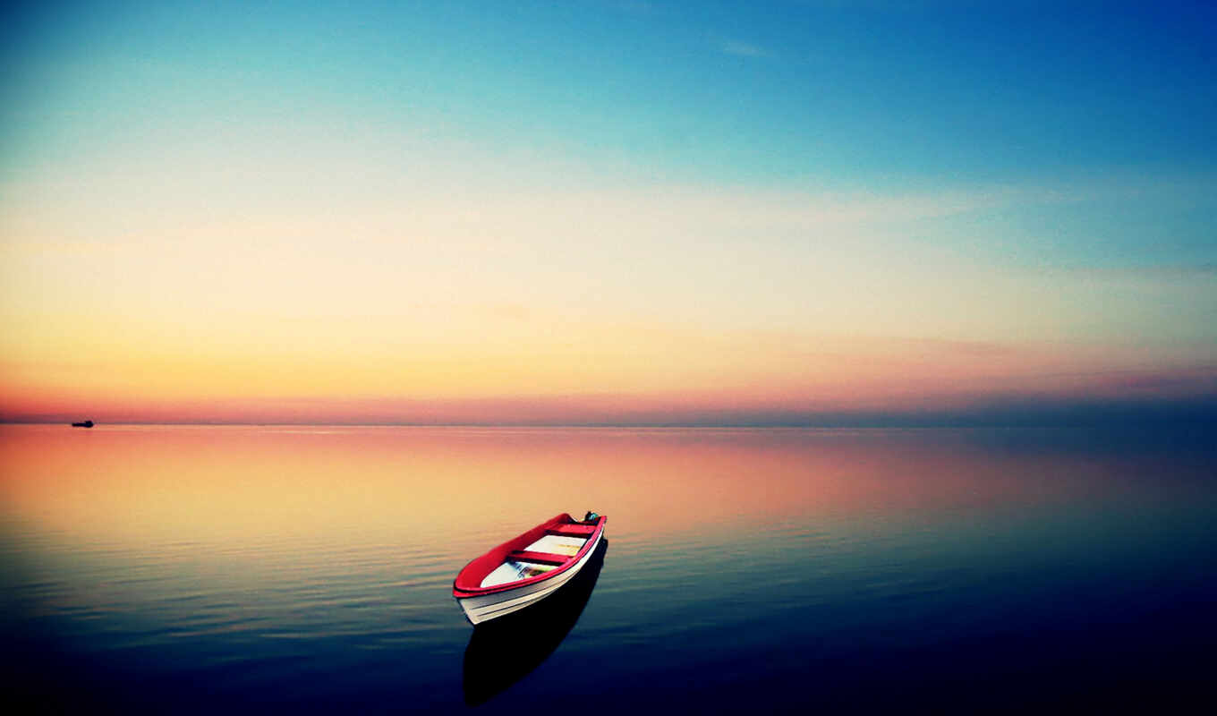 ipad, sunset, water, skyline, sea, smooth surface, a boat, loneliness