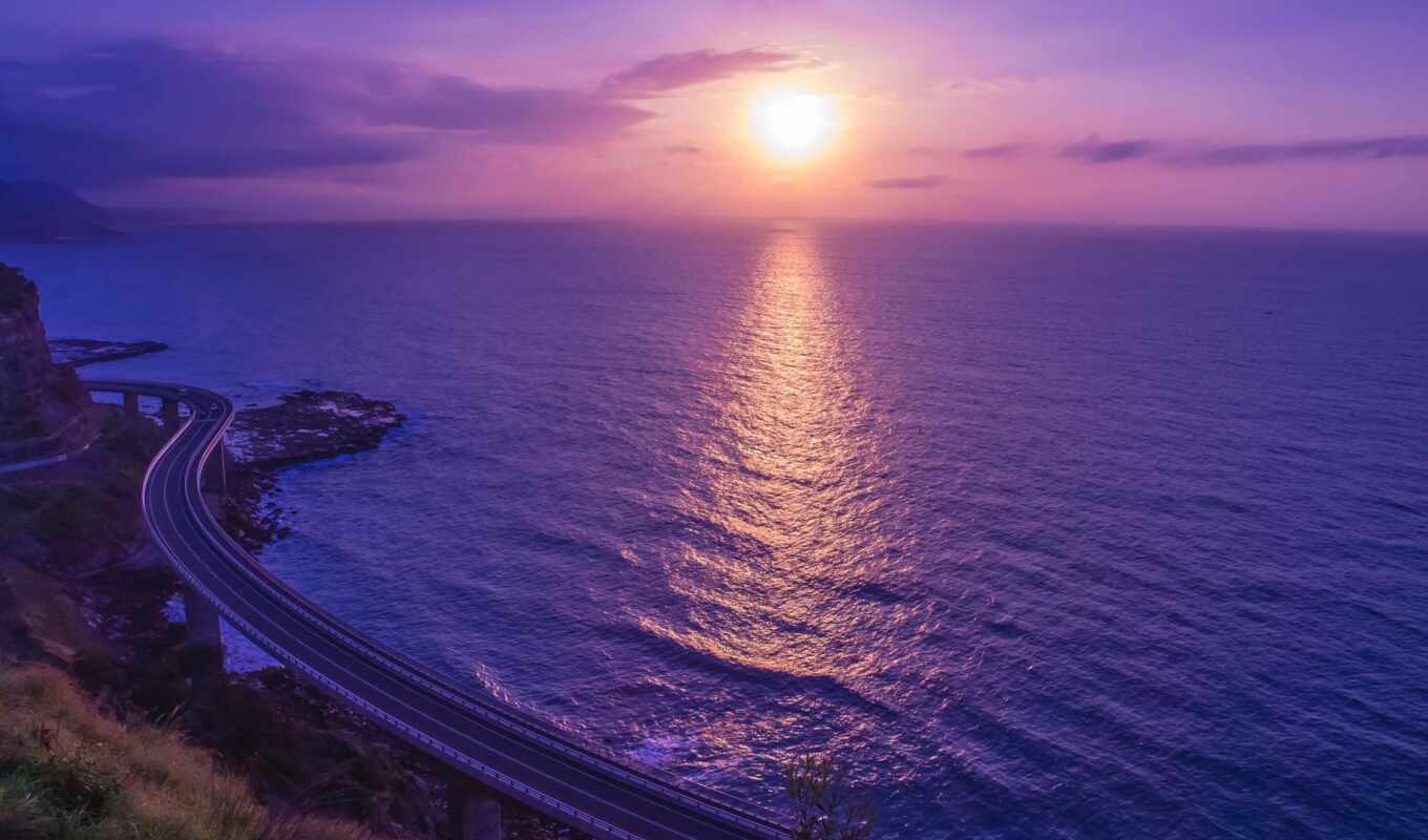 purple, закат, море