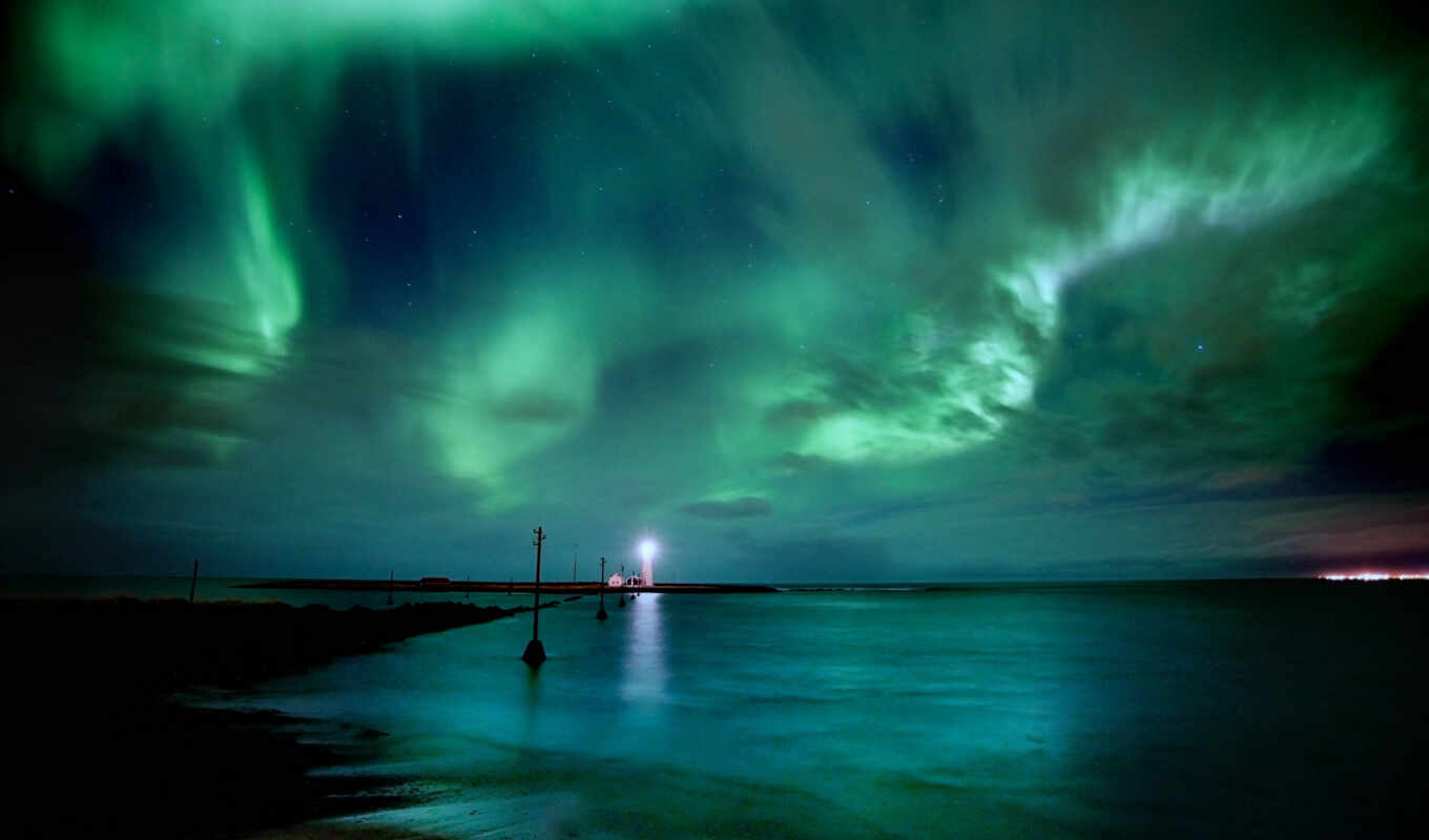 небо, фон, ночь, огни, море, lighthouse, dark, north, красивый, borealis, сияние
