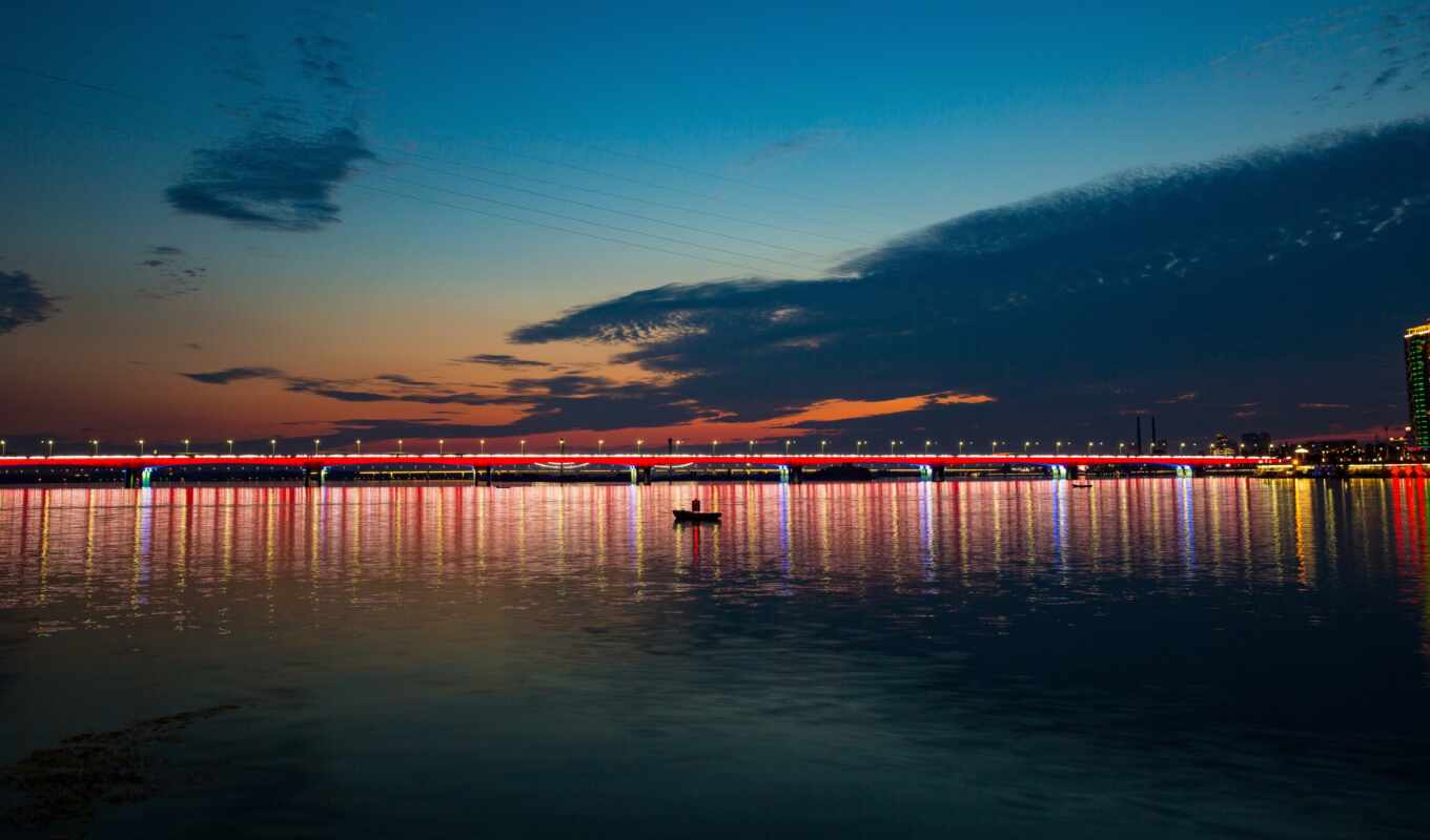 город, ночь, мост, море, лодка