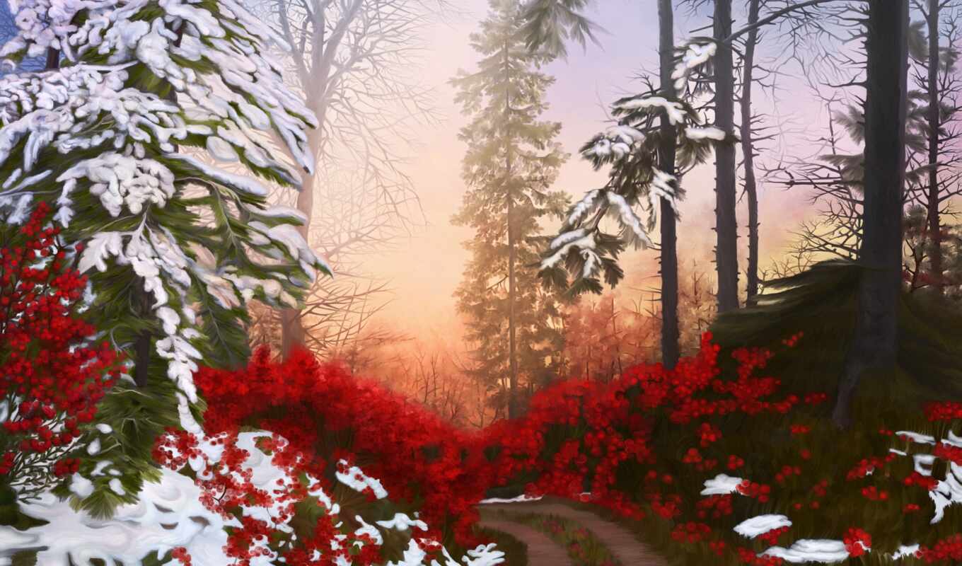 nature, flowers, snow, winter, forest, road, landscape, expensive, artstation, fore