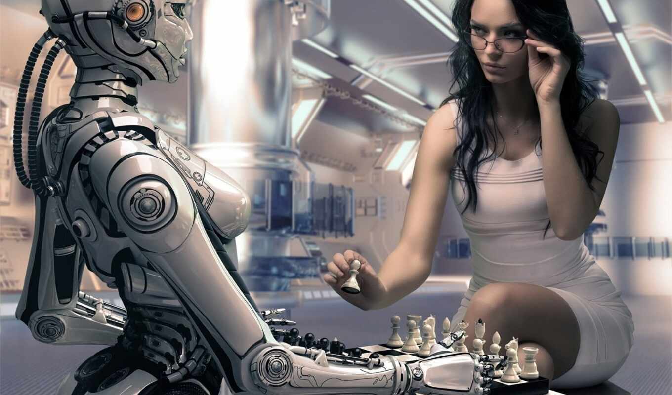 robot, girl, chess