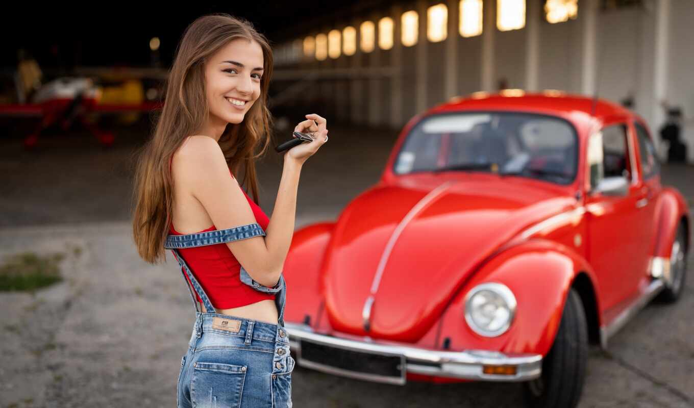 girl, red, dress, beatle, for Volkswagen